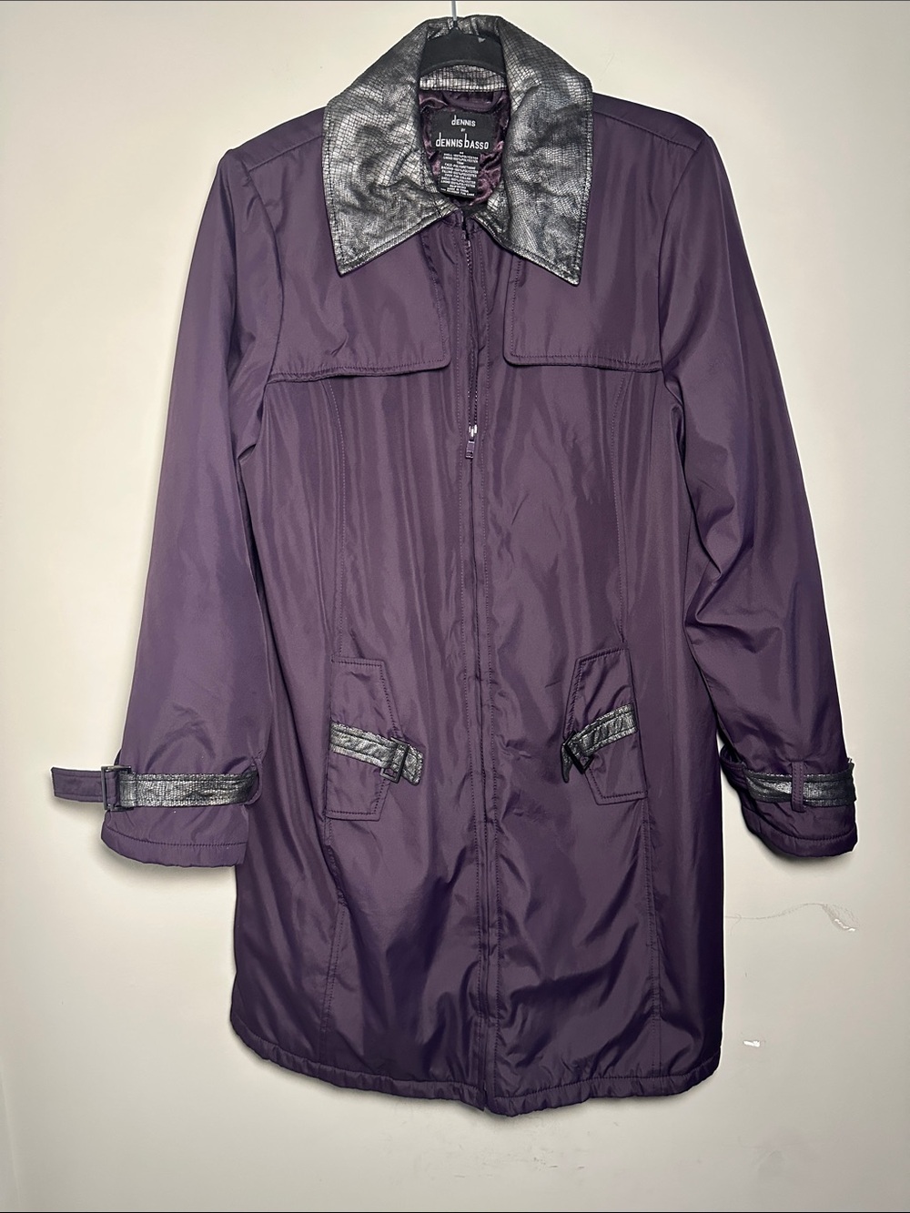 Dennis Basso Purple Trench Coat quilted with Metallic Collar and sleeves